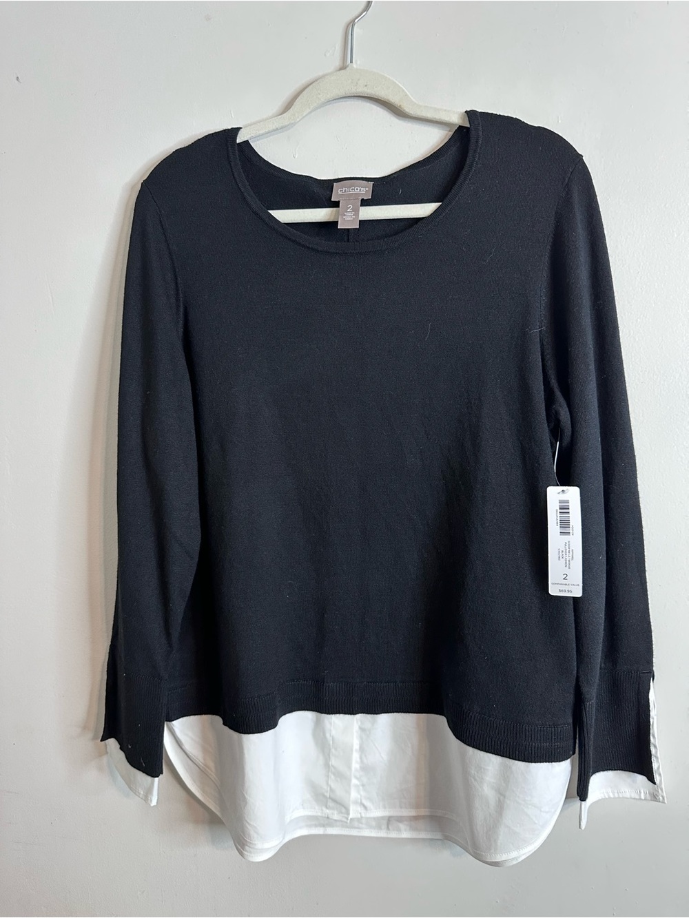 Chico's Black Sweater with White Faux Shirt Hem
